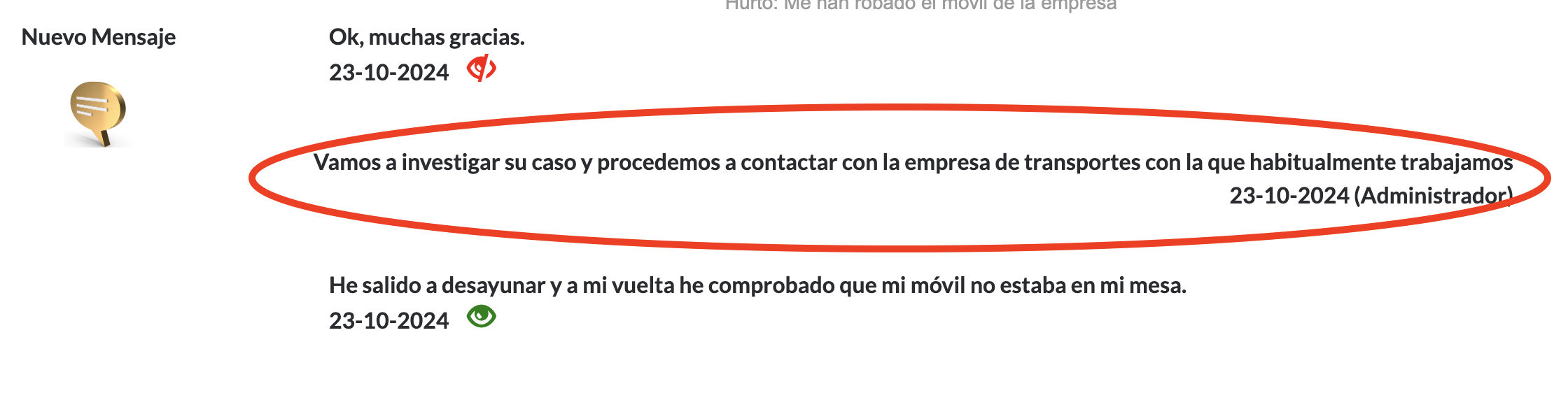 Visualizaci&oacute;n de los mensajes recibidos por parte del informante y de los a&ntilde;adidos por el administrador del caso.