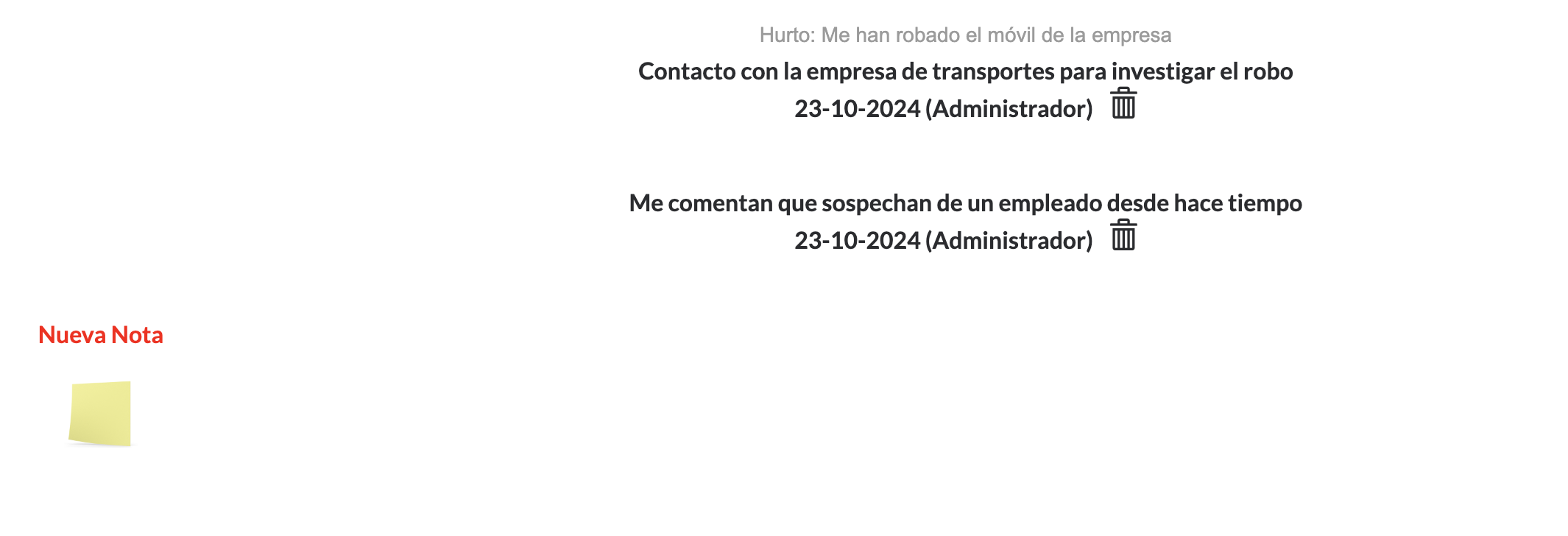 Creaci&oacute;n de notas internas del caso visibles &uacute;nicamente por los administradores del caso.