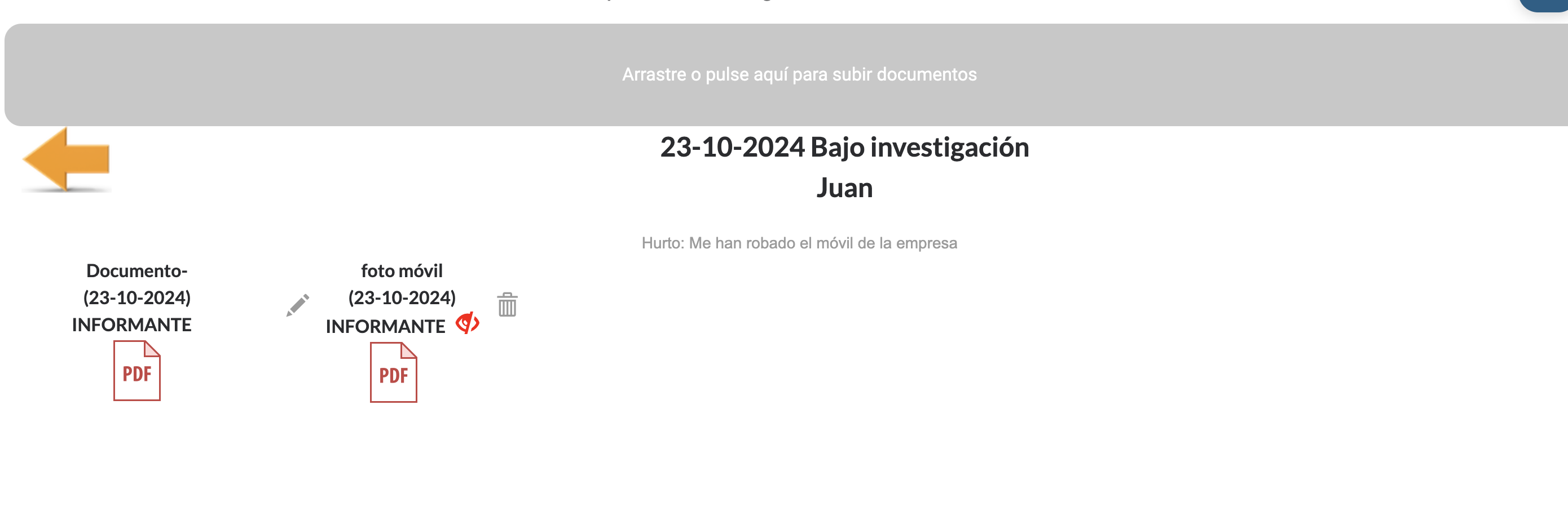 Visualizaci&oacute;n de los documentos a&ntilde;adidos por parte del informante y del administrador del caso.