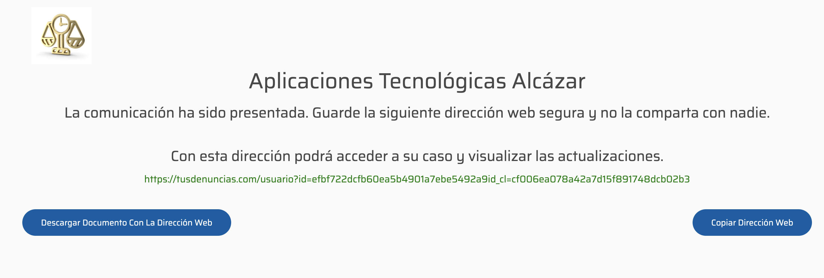 El usuario puede copiar y guardar el enlace con el acceso a su caso (&uacute;nico para cada informante de la empresa) y tambi&eacute;n descargar un documento PDF que contiene su enlace.