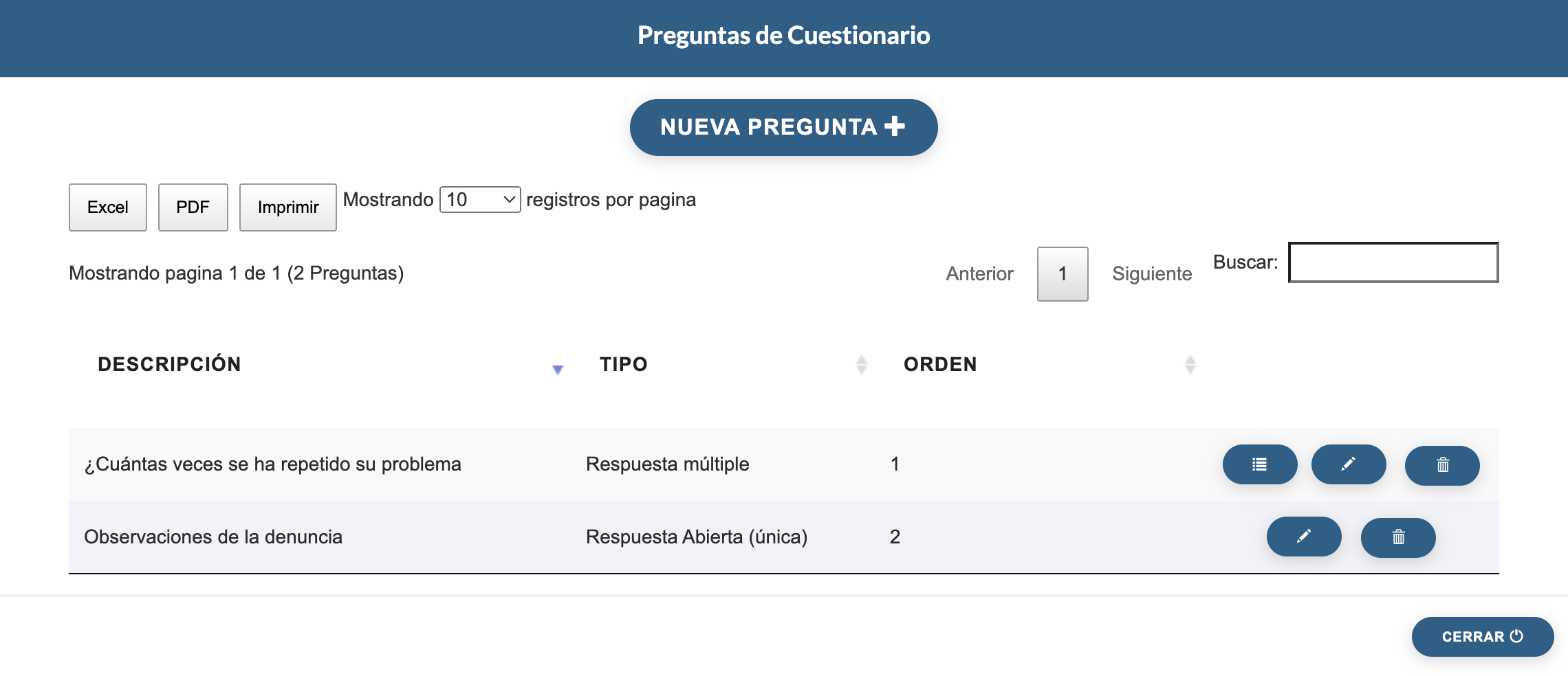 Creaci&oacute;n de cuestionarios con preguntas y respuestas para realizar al informante de un caso.