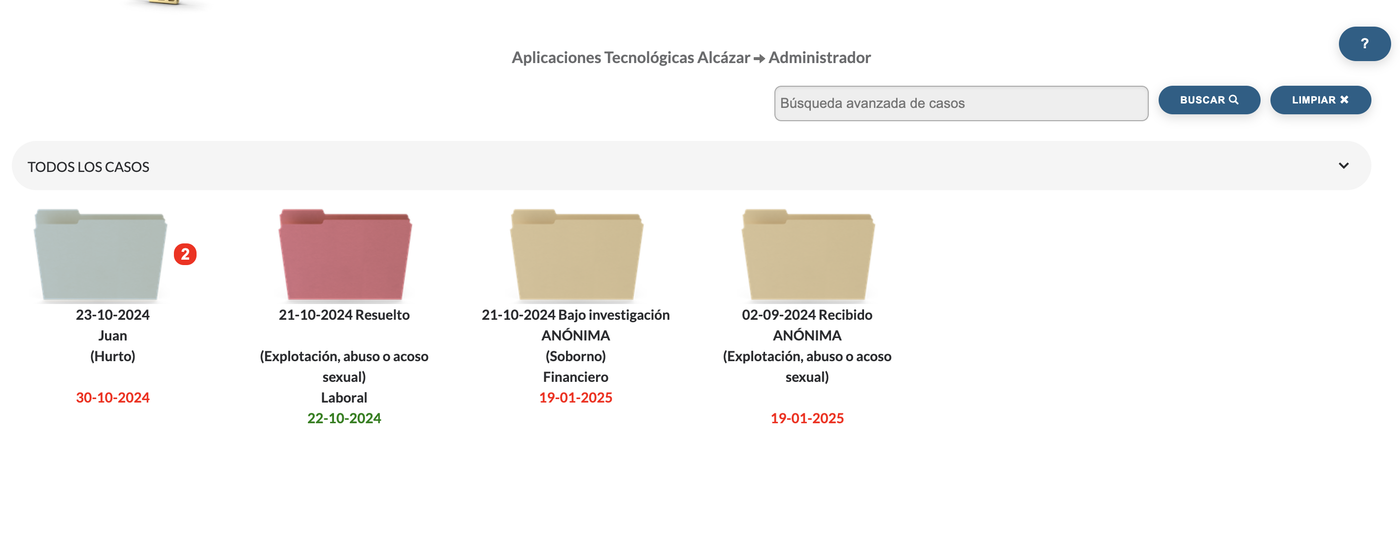 Panel diferenciado seg&uacute;n el canal (Denuncias/Quejas y Sugerencias) con visualizaci&oacute;n intuitiva en forma de carpetas con diferente color seg&uacute;n su estado.